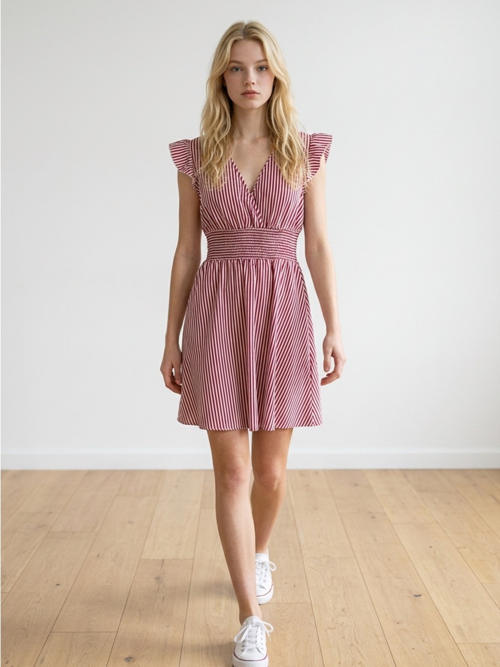 SHEIN Red Striped V-Neck Smocked Waist Mini Dress